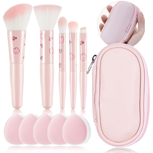 5Pcs Pink Printed Travel Makeup Brushes with Bag and 5Pcs Finger Puff Cosmetic Tool Kit Soft Synthetic Fiber for Foundation, Powder, Brush, Eye Shadow, Eyebrow Powder Gift for Women/Girls/Kids