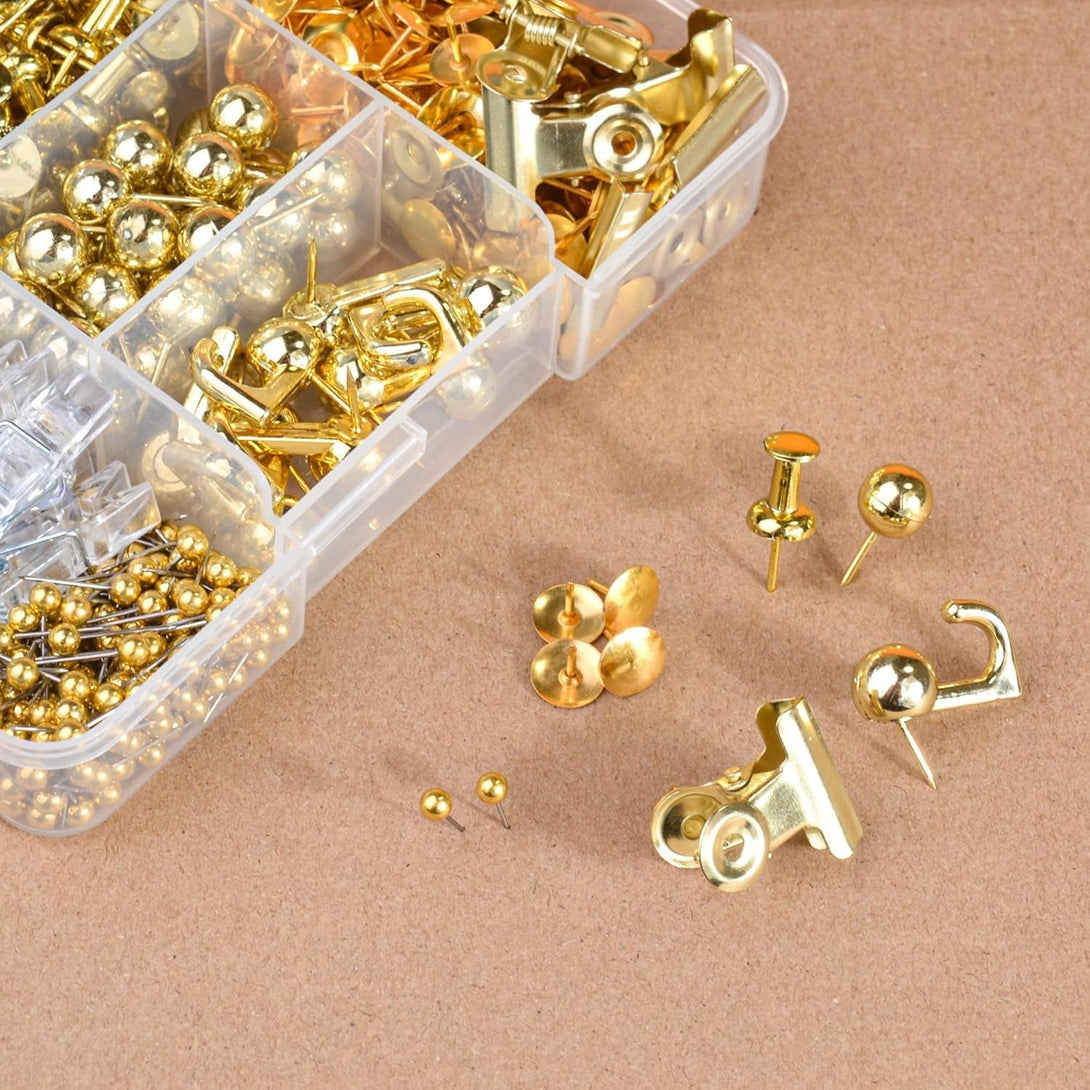 400 Pcs Gold Push Pins Set,7 Styles Push Pins, Pin Tacks,Decorative Thumb Tacks for Cork Board,Bulletin Boards Home Office Accessories