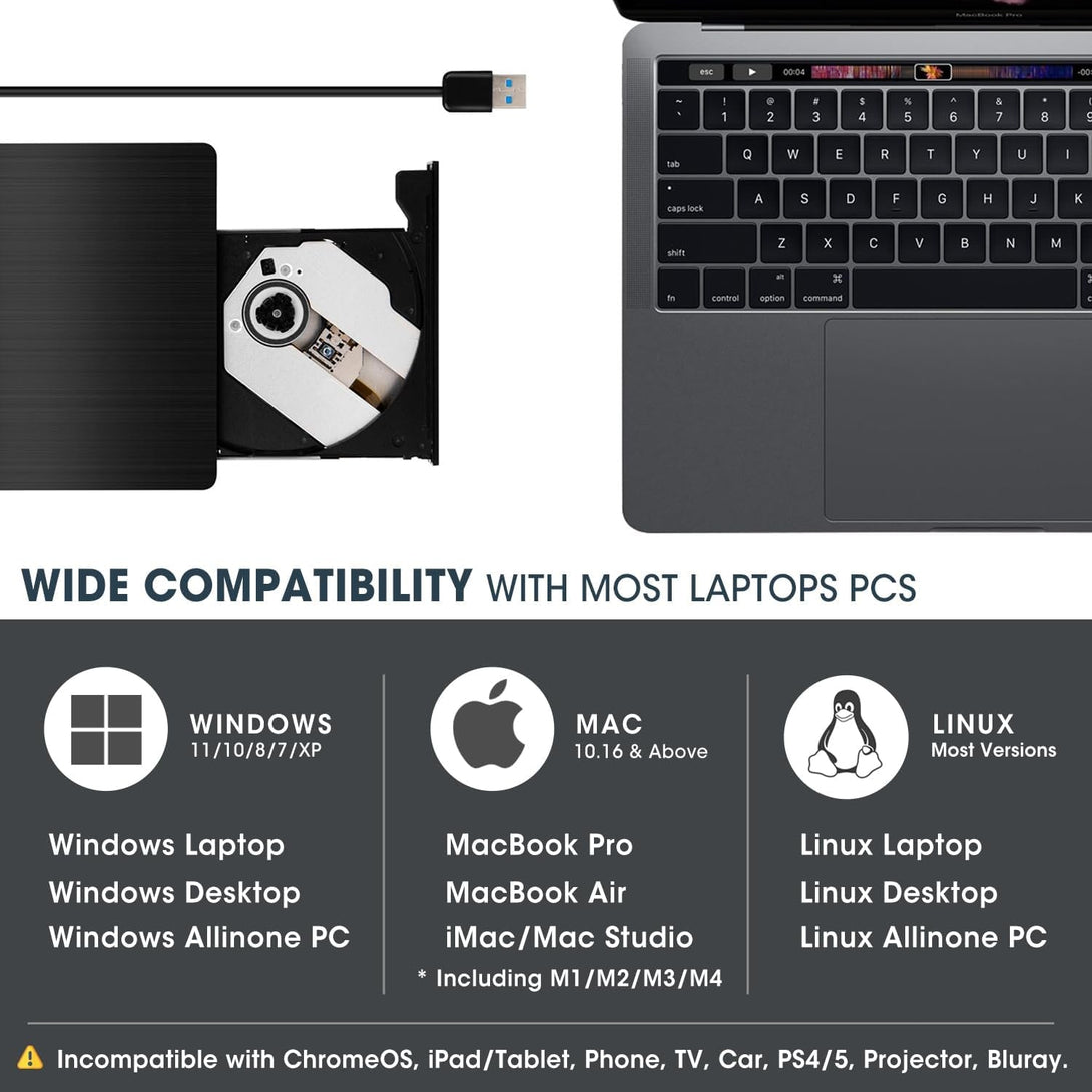 ROOFULL External CD DVD +/-RW Drive for Laptop, True USB 3.0 DVD CD ROM Disc Reader Player Burner Writer Adapter Portable Optical Disk Drive for PC Windows 11/10 Mac Linux Computer Desktop