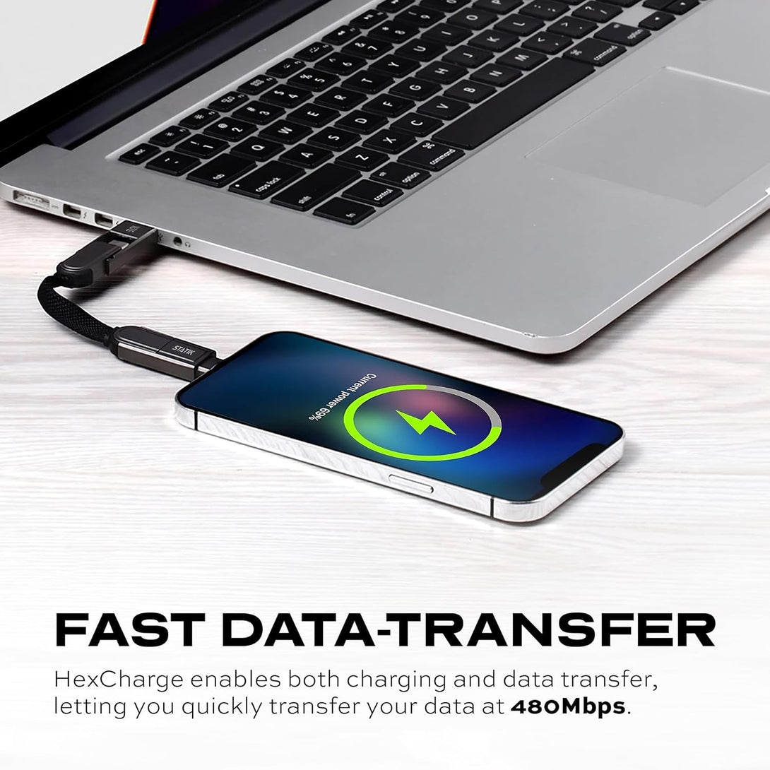 Statik Hexcharge Keychain Charger Cable - Portable 4 in 1 Charging Cable Key Ring, 60W Fast Charging, Universal Multi Charging, Compatible with Iphone, USB C, and USB a - 2-Pack