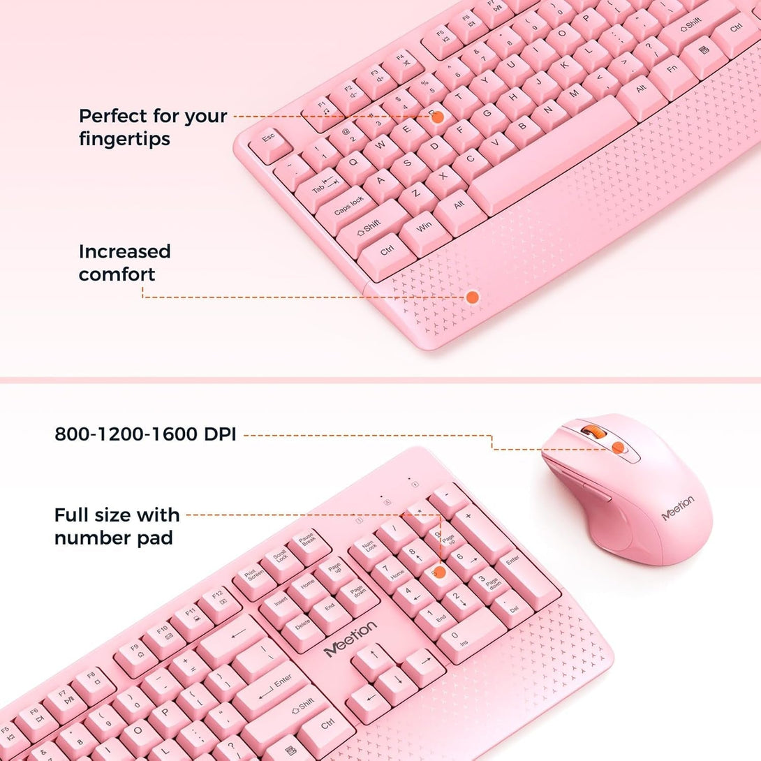 MEETION Wireless Keyboard and Mouse, Full-Sized Cordless Keyboard with Wrist Rest and 3 DPI Adjustable Mouse, 2.4G Wireless, Compatible with Pc/Computer/Laptop/Windows/Mac, Pink