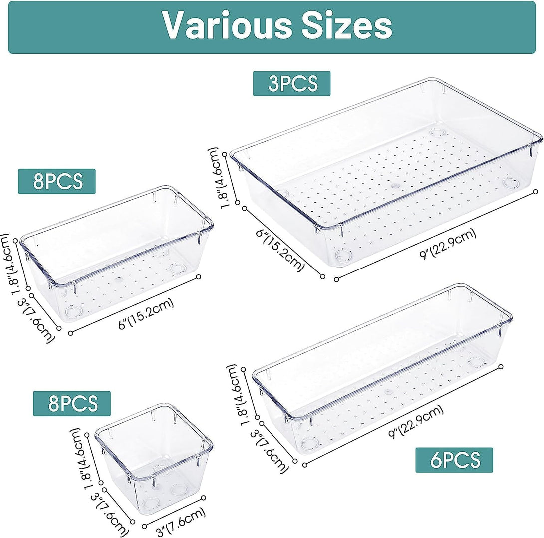 25 PCS Clear Plastic Drawer Organizer Set, 4 Sizes Desk Drawer Divider Organizers and Storage Bins for Makeup, Jewelry, Gadgets for Kitchen, Bedroom, Bathroom, Office
