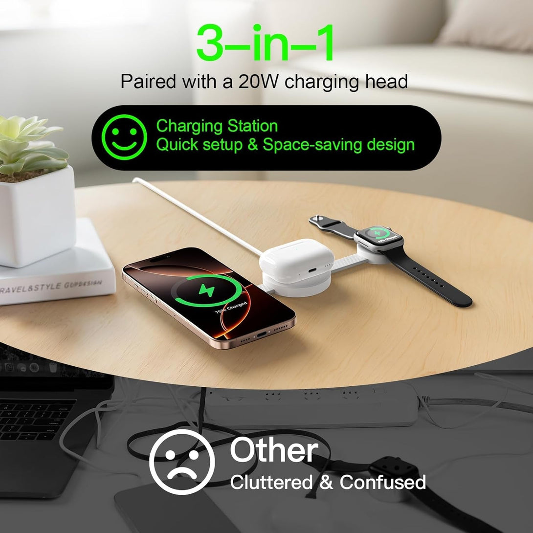 2025 Travel Magnetic Wireless Mag-Safe Maggo UFO 3 in 1 Charging Station for Apple Multiple Devices - Fast Charger Iphone 16 15 14 13 12 Pro Max Plus, Charging Pad for Apple Watch Air Pods (White)