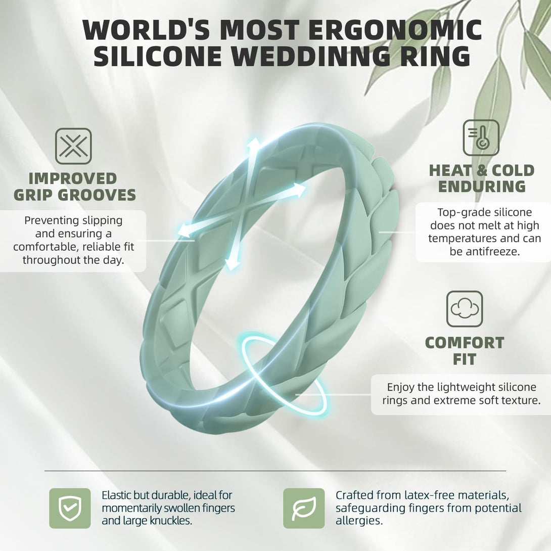 Egnaro Silicone Wedding Rings for Her, Women'S Rubber Bridal Sets Thin Bands, Stackable Leaves Braided Design with Breathable Grooves Workout Accessories