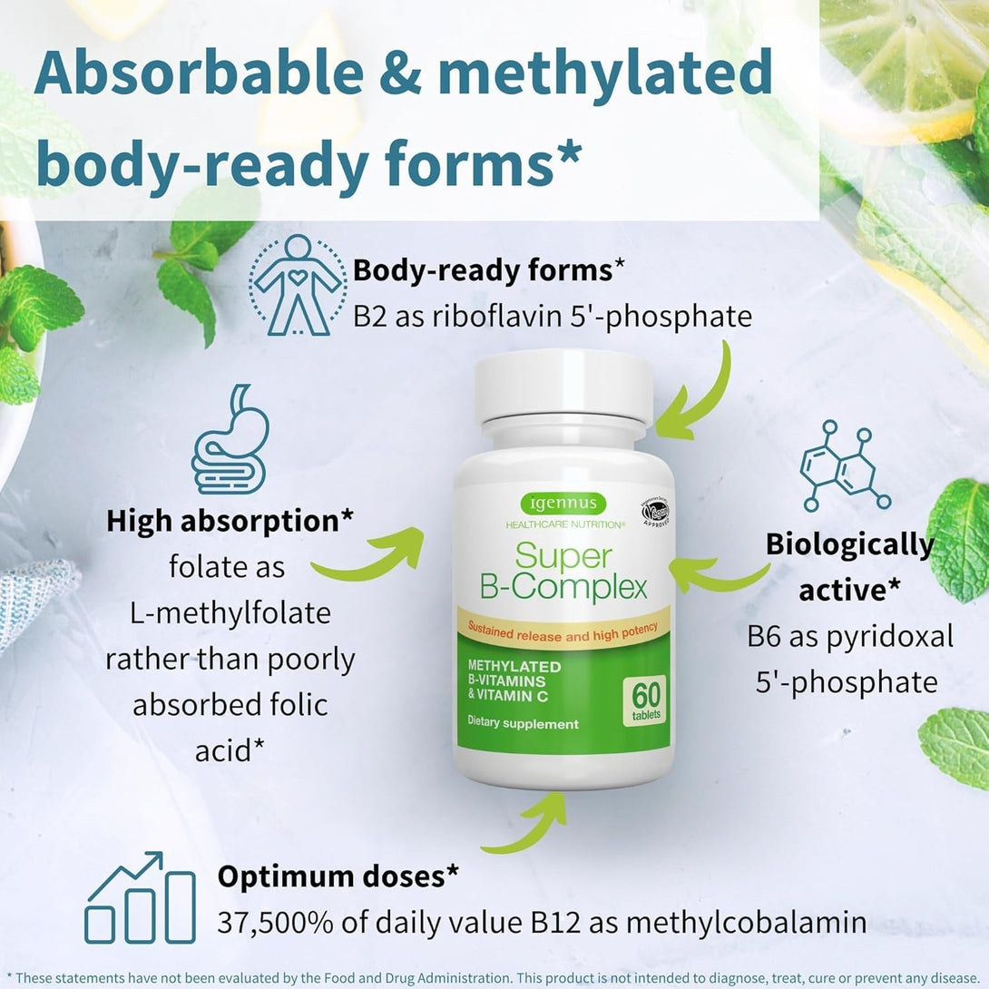 Igennus Super B-Complex Methylated B-Vitamins, MTHFR Supplement with Methylfolate & B12 Methylcobalamin, High Bioavailability & Potency, Vegan, Lab Verified, 180 Small Tablets