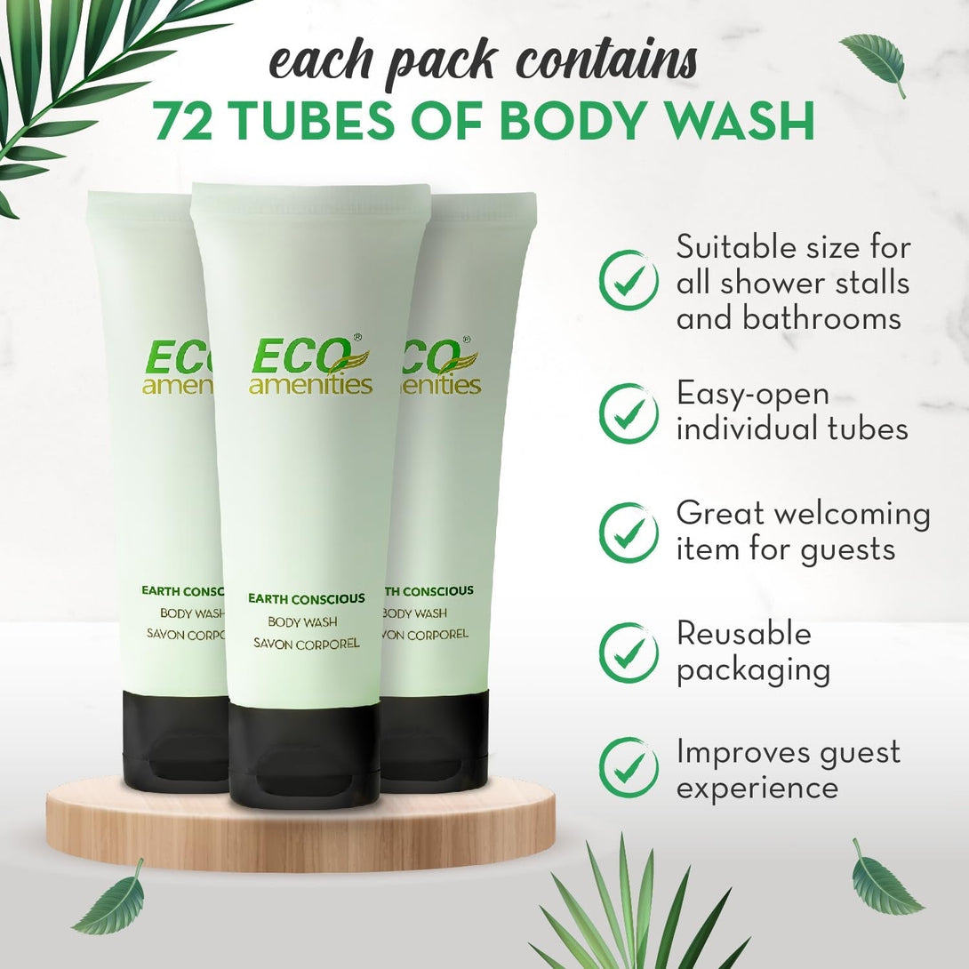 ECO Amenities Travel Size Body Wash Bulk - Hotel Supplies for Guests - Great for Vacation Rental and Airbnb Toiletries - Body Wash for Men & Women - Green Tea Scent - 72 Pack, 0.75 Fl Oz (22Ml) Tubes
