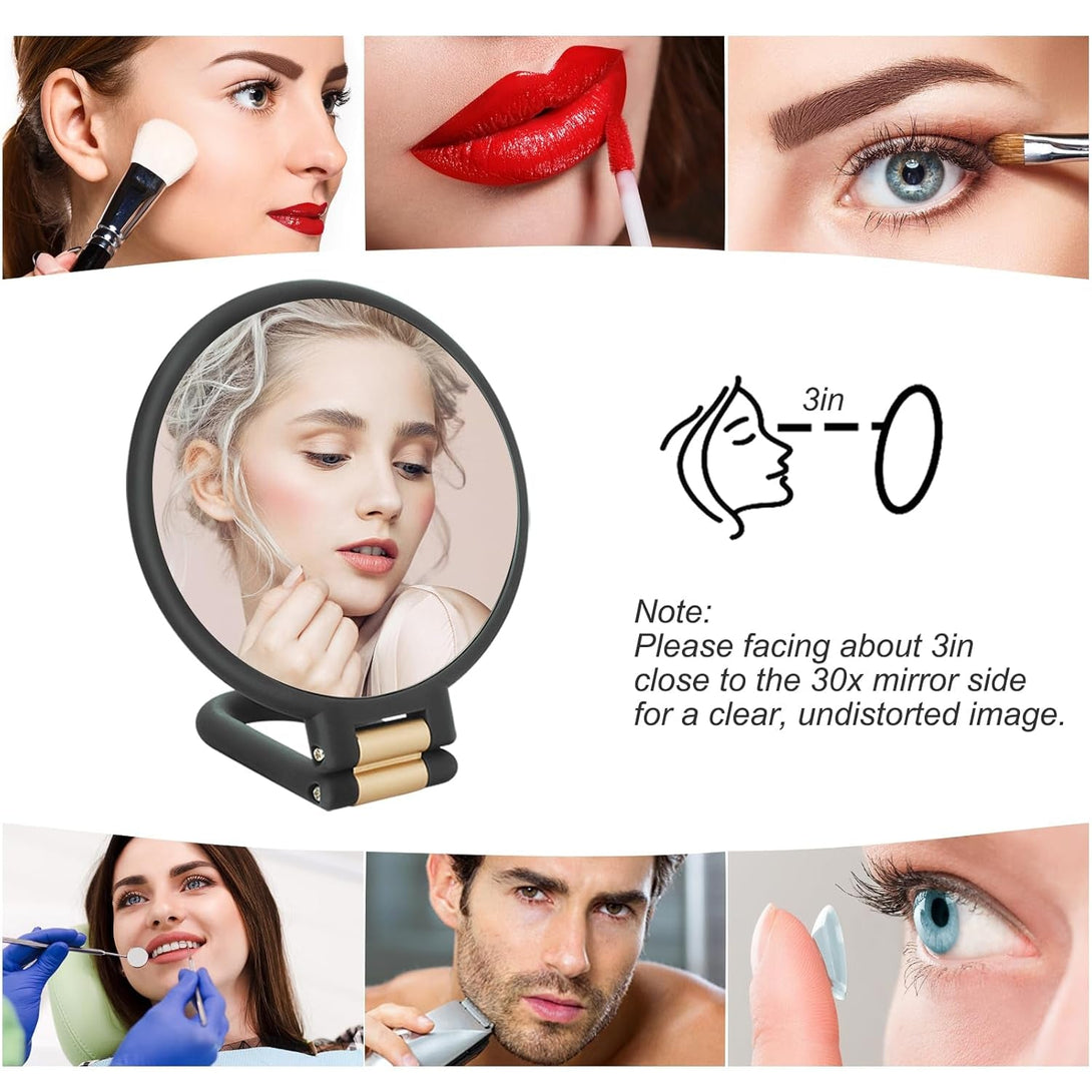 30X Magnifying Mirror, Travel Hand Mirrors with Handle - Double Side Handheld Mirror with 1X 30X Magnification & Adjustable Handle/Stand, Hand Held Foldable Travel Mirror for Makeup(Black)
