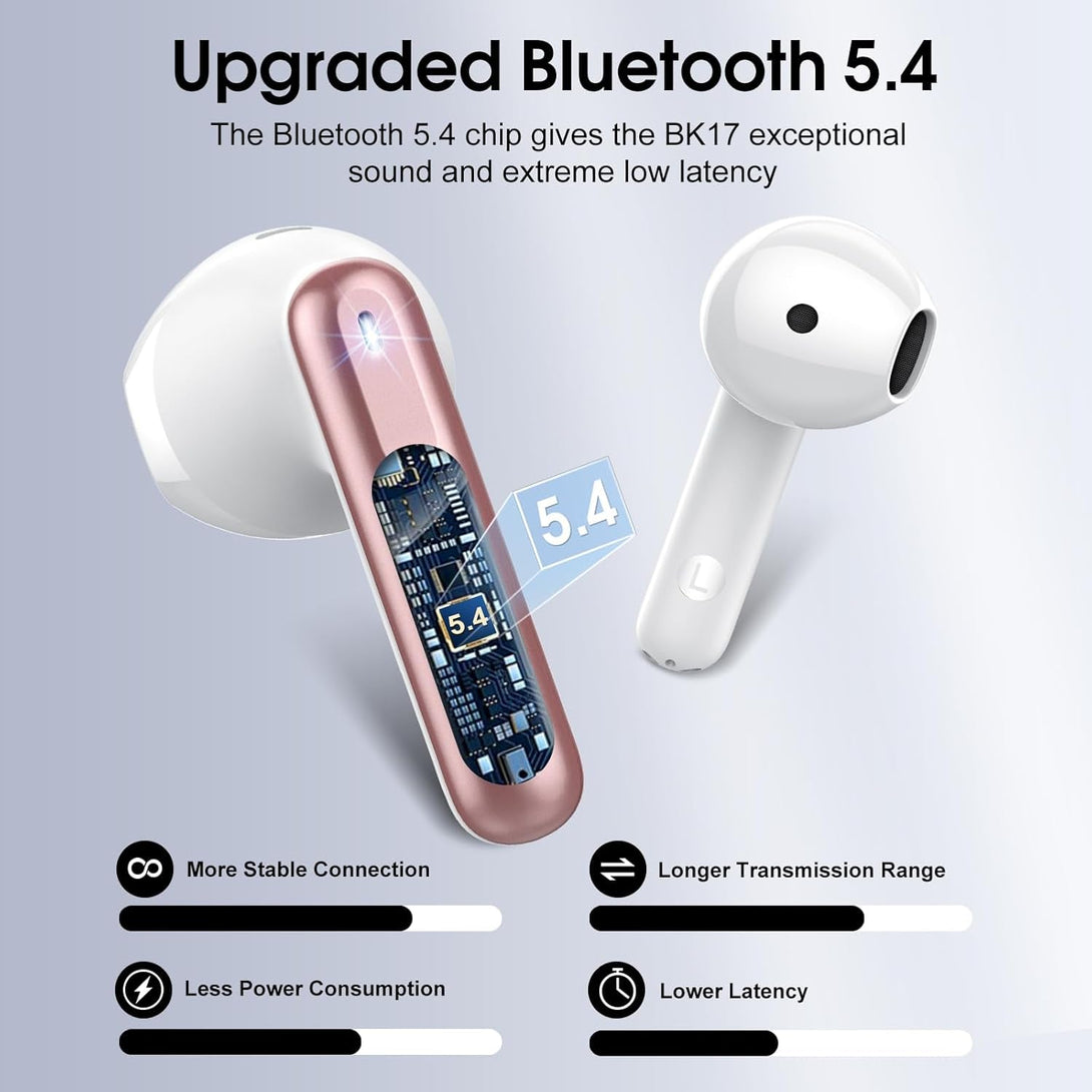 Wireless Earbuds, 2025 Bluetooth 5.4 Headphones in Ear Buds 3D Bass Stereo, 40H Ultralight Bluetooth Earbuds with 4 ENC Noise Cancelling Mic, IP7 Waterproof Earphones for Android Ios Pad, Rose Gold
