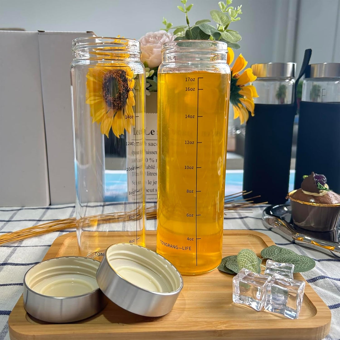 17Oz Glass Juice Bottles with Lids- 4 Pack Glass Shaker Bottles with Lid for Protein Mix,Juicing,Beverage,Water,Smoothies, Milk,Reusable Mason Jars,Water Bottle