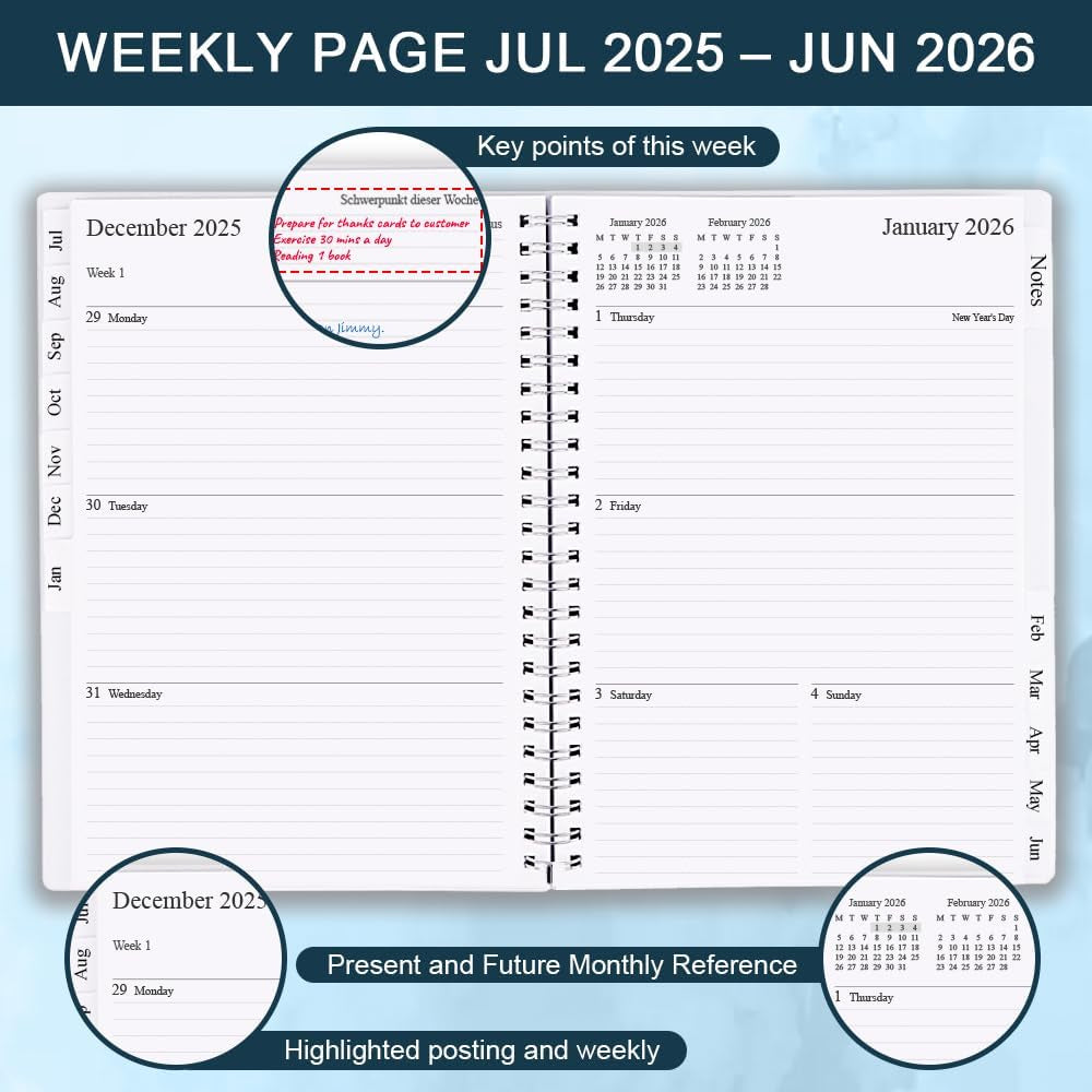 2025-2026 Planner - Weekly & Monthly Planner Runs Jul 2025 to Jun 2026, 6.25" X 8.25", 12 Monthly Tabs, 14 Notes Page, Plastic Pocket, Flexible Cover with Twin-Wire Binding, Planners 2025-2026