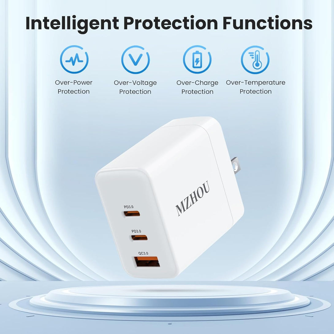 65W Power Adapter US Plug, 3-Port USB C and USB a Charger with PD/QC 3.0, Compact Gan Technology for Travel, Office, Home, Travel Friendly and Thermal Protection