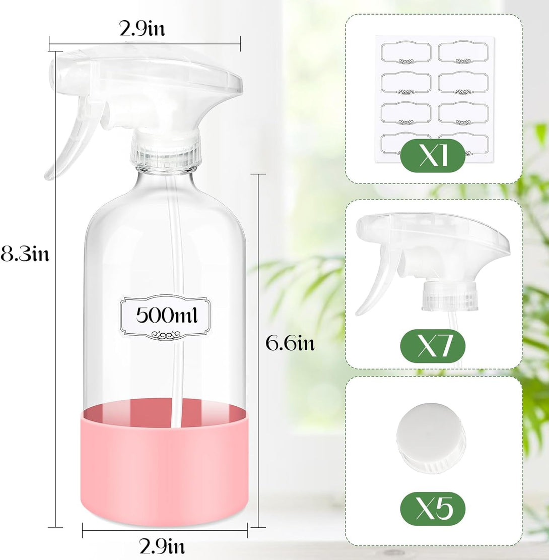5 PACK/16 OZ Glass Spray Bottles with Upgraded Adjustable Spray Nozzle，Refillable Containers with Silicone Sleeve,Spray Bottle for Hair&Cleaning Solutions&Essential Oils-Pink Blue Gray Black White