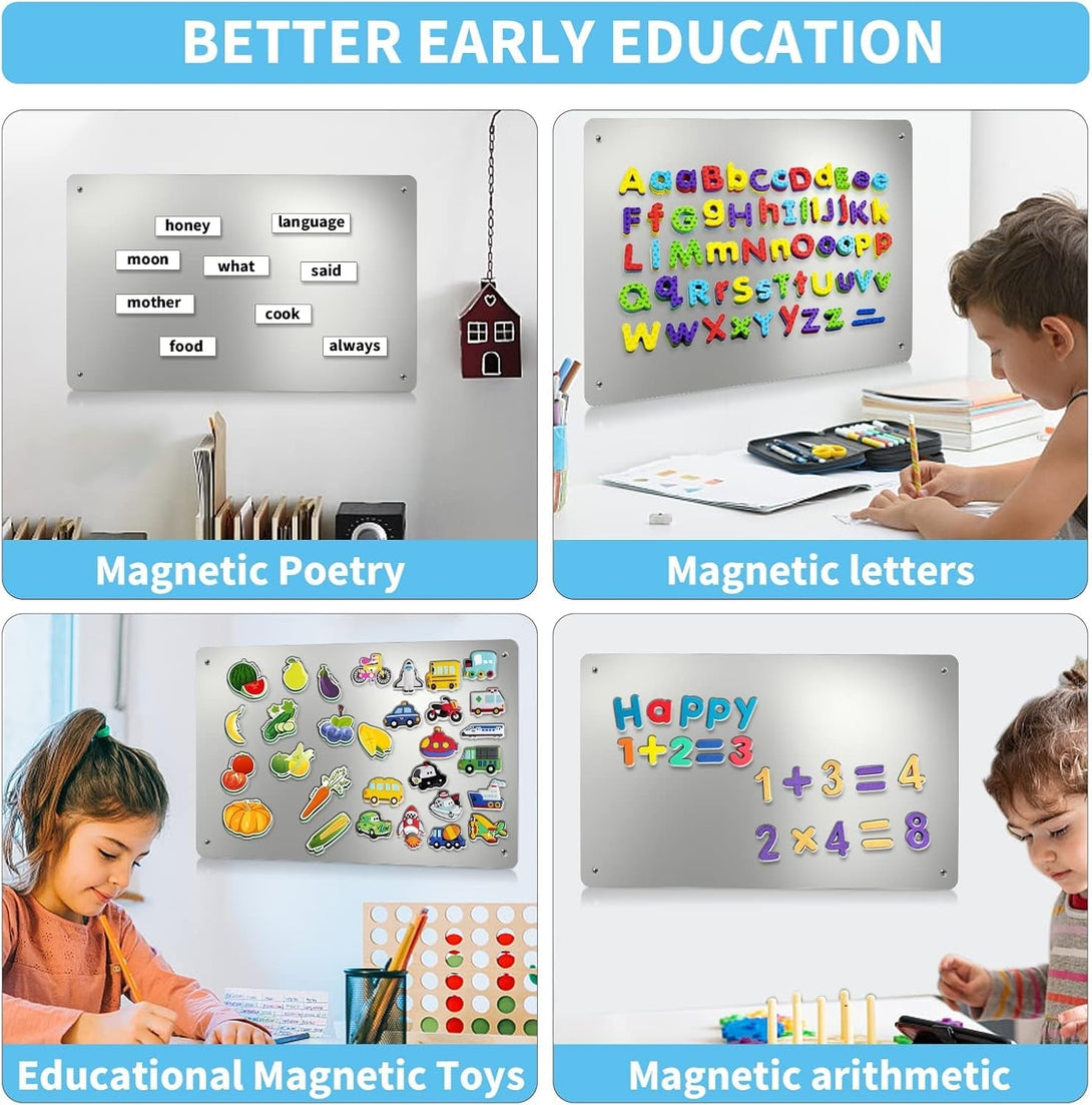 17.1" X 11.8" 2 Pack Stainless Steel Magnetic Board - Magnet Bulletin Board to Display Magnetic Letters Numbers Animal, Poetry, Spice Jars, Notes, Photos, Suitable for Wall, Refrigerator, Cubicle