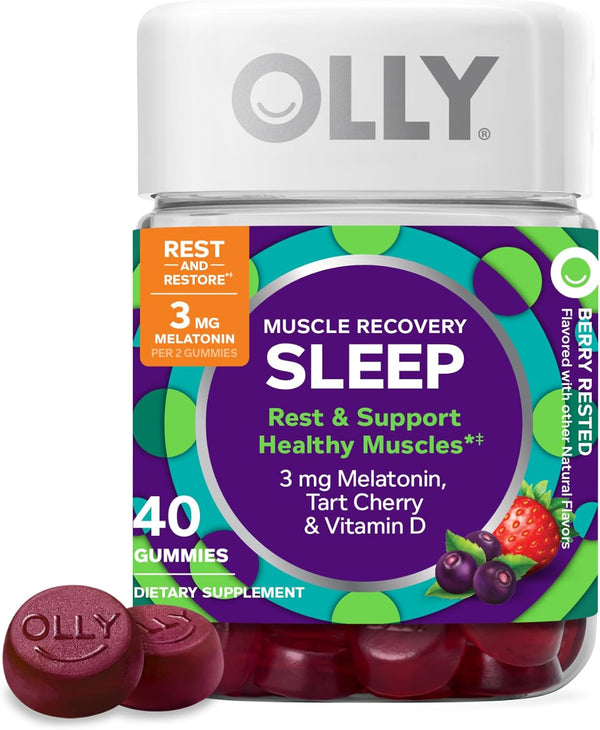 OLLY Muscle Recovery Sleep Gummies, Sleep and Sore Muscle Support, 3Mg Melatonin, Tart Cherry, Vitamin D, Berry Flavor - 40 Count