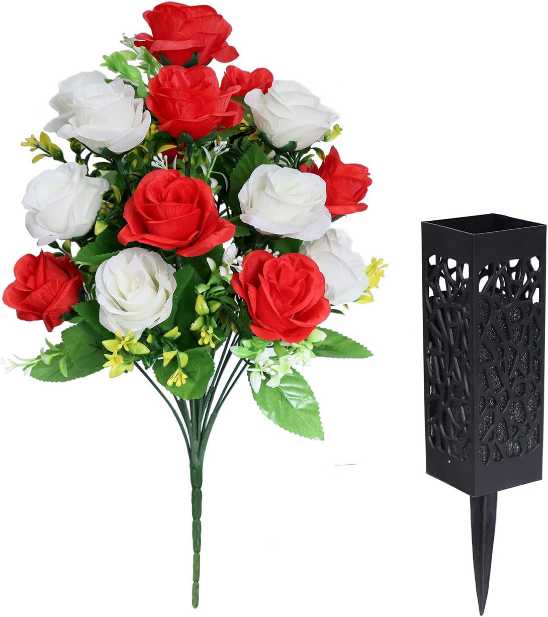 2 Sets Artificial Cemetery Flowers,Memorial Flowers,Beautiful Arrangements for Headstones,Black Plastic Vase with Drainage Hole Long Spikes Outdoor Memorials (Red and White)…