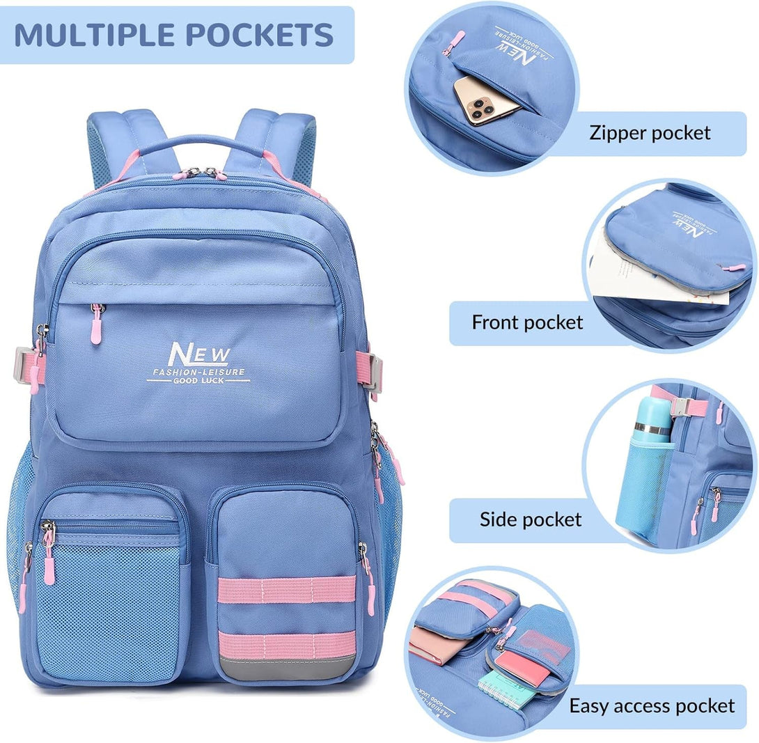 Water Resistant Backpack for Teen Girls Boys Students, Casual Multi Pockets Daypack with 15.6 Inch Laptop Pocket for Travel School College (Grey Blue)