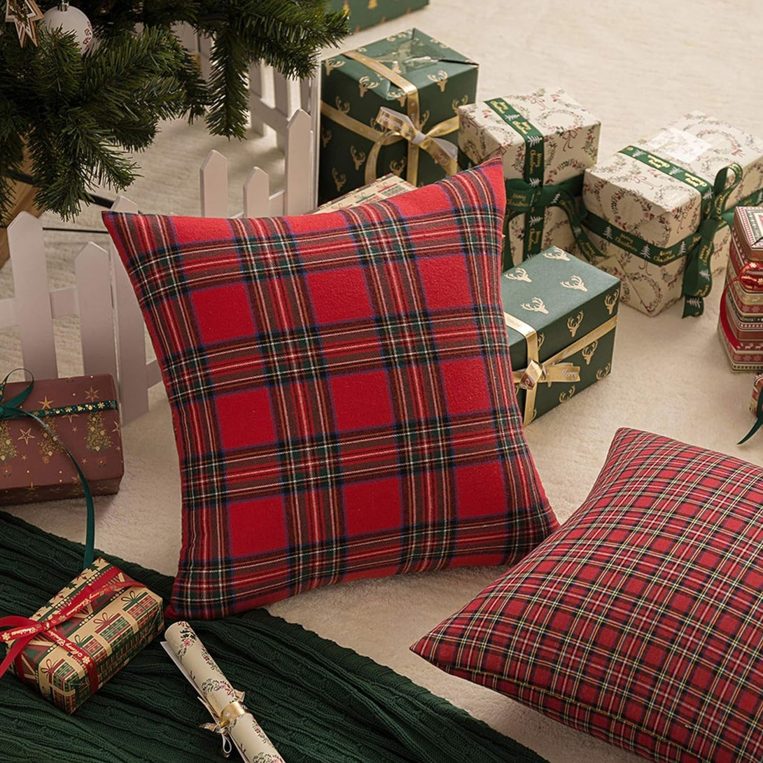 AQOTHES Pack of 2 Christmas Plaid Decorative Throw Pillow Covers Scottish Tartan Cushion Case for Farmhouse Home Holiday Decor Red and Green, 18 X 18 Inches