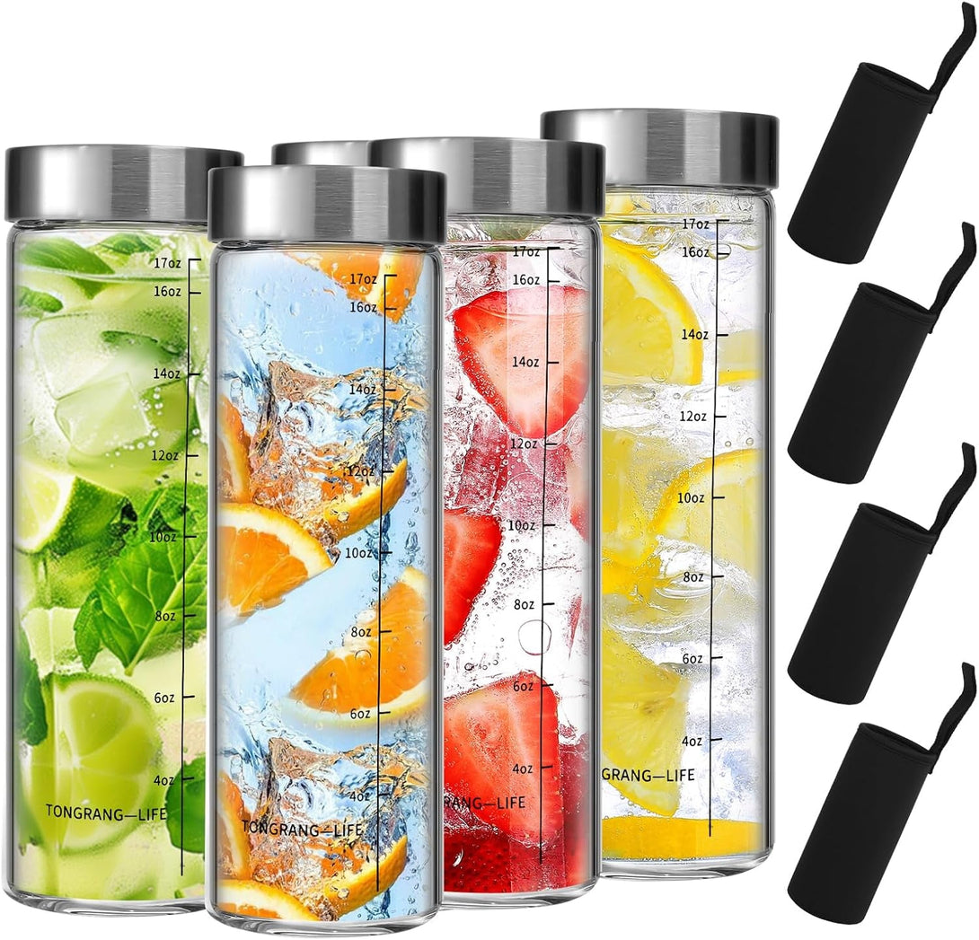 17Oz Glass Juice Bottles with Lids- 4 Pack Glass Shaker Bottles with Lid for Protein Mix,Juicing,Beverage,Water,Smoothies, Milk,Reusable Mason Jars,Water Bottle