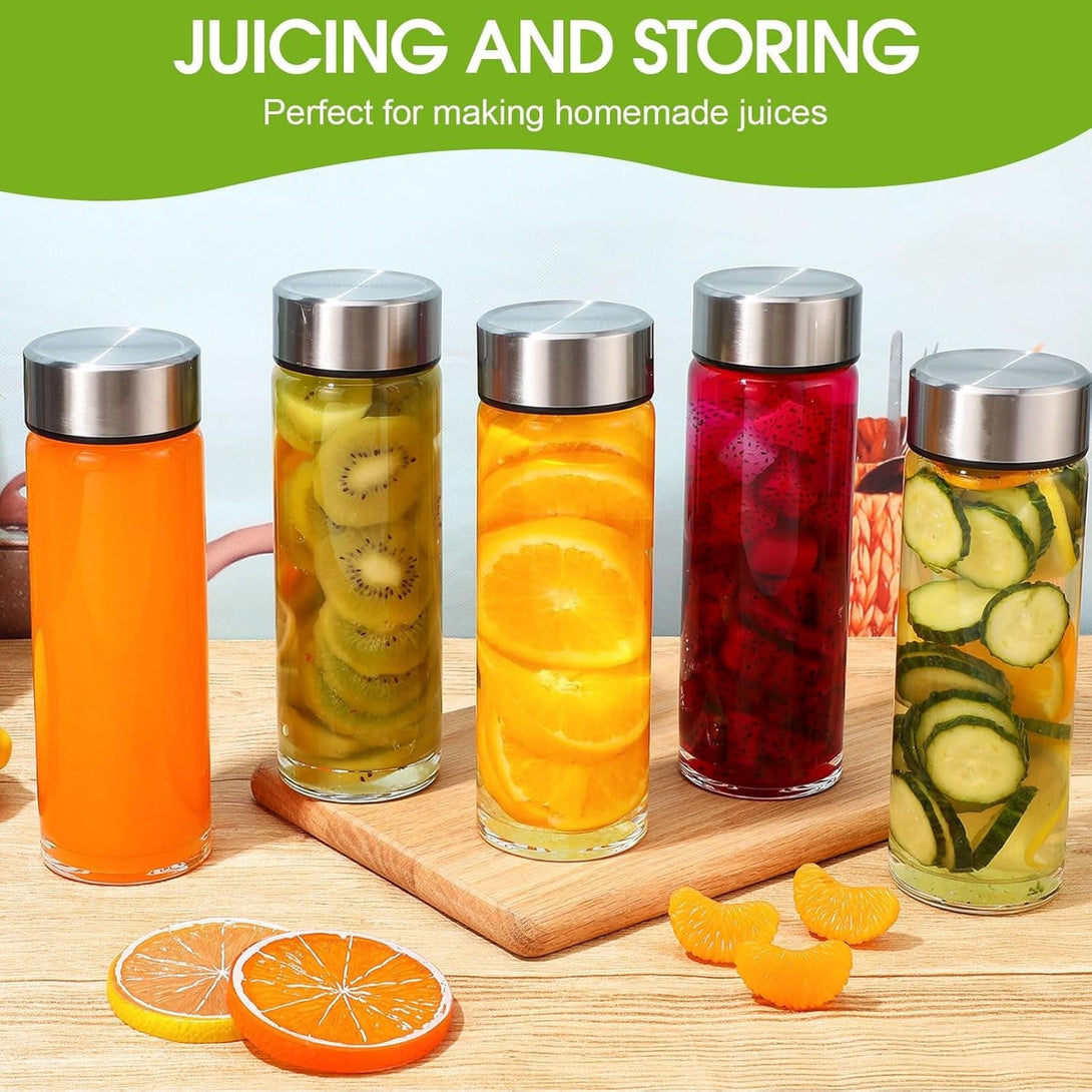 8 Pcs Wide Mouth Glass Water Bottles Reusable Glass Bottles with Lids Leakproof Juice Jars with Lids for Fridge Milk Juicing Smoothies Infused Water Beverage Kombucha Tea Drinking (Silver,16 Oz)