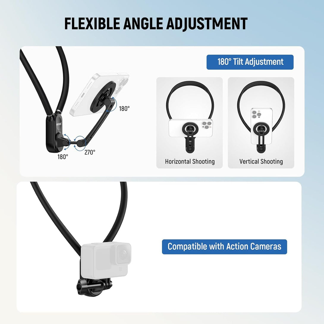 NEEWER Magnetic Neck Holder for Action Camera & Phone, Hands Free Tripod Chest Mount Compatible with Gopro DJI Insta360 Magsafe Iphone Android, Phone Holder for Video Recording POV Vlog, GP16