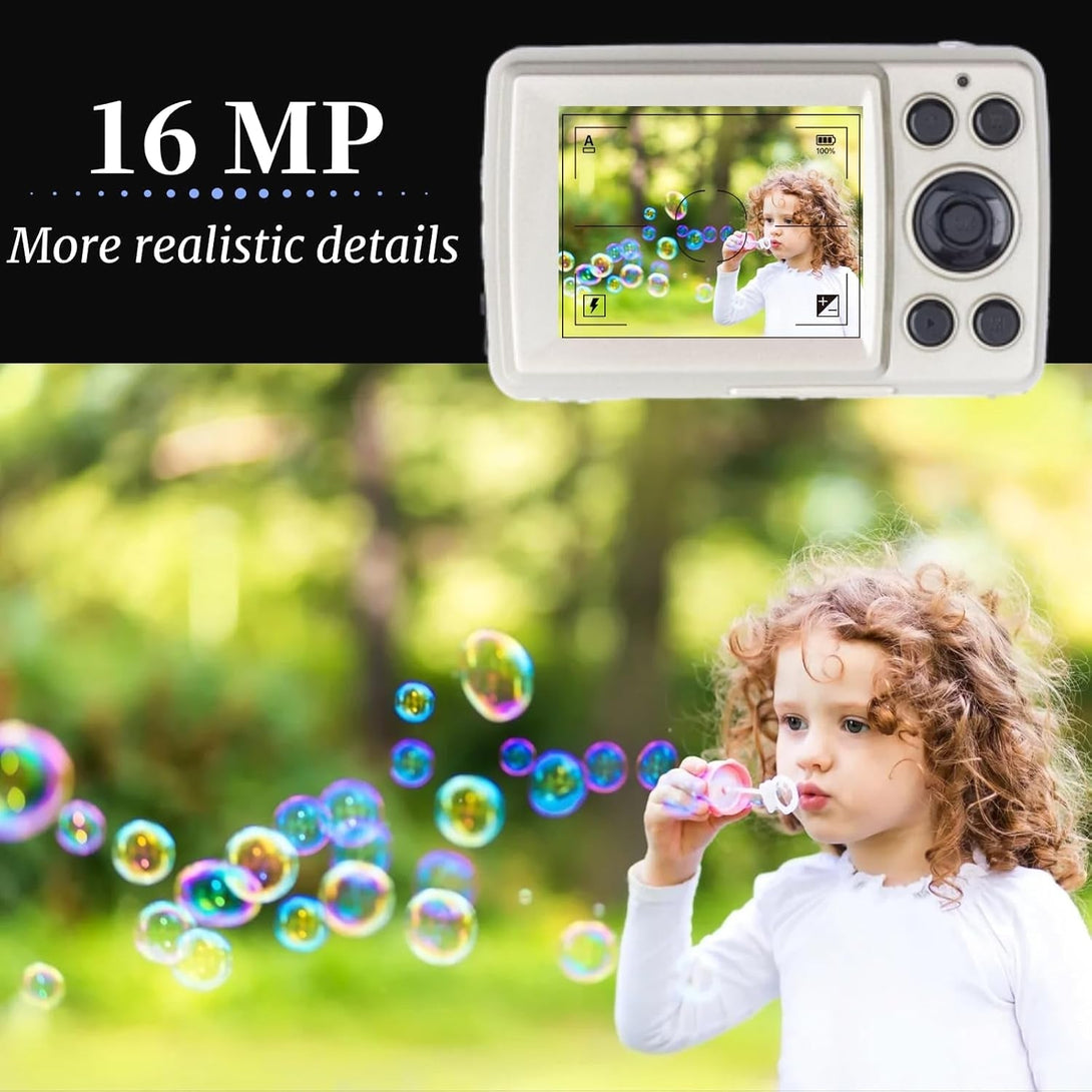 Mini Digital Camera, 720P HD Compact Portable Camcorder with 2.4 Inches LCD Screen 16MP 30FPS Support 32GB Memory Card for Children, Teenagers and Beginners (Gold)
