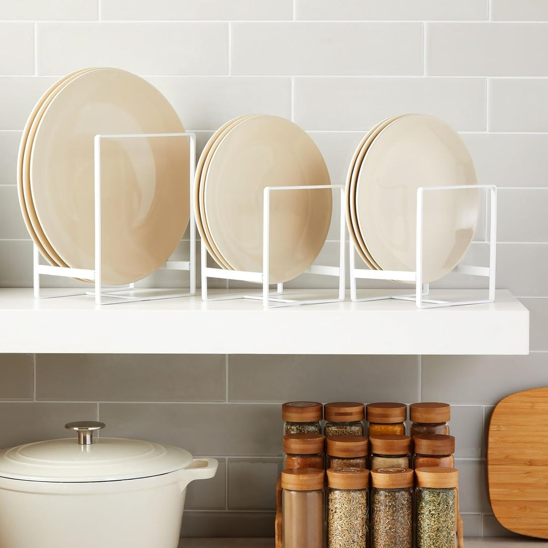 Juvale 3 Piece Plate Organizer for Kitchen Cabinet, Shelf, 2 Sizes for Pots, Pans, Cutting Boards (White) - Plate Rack