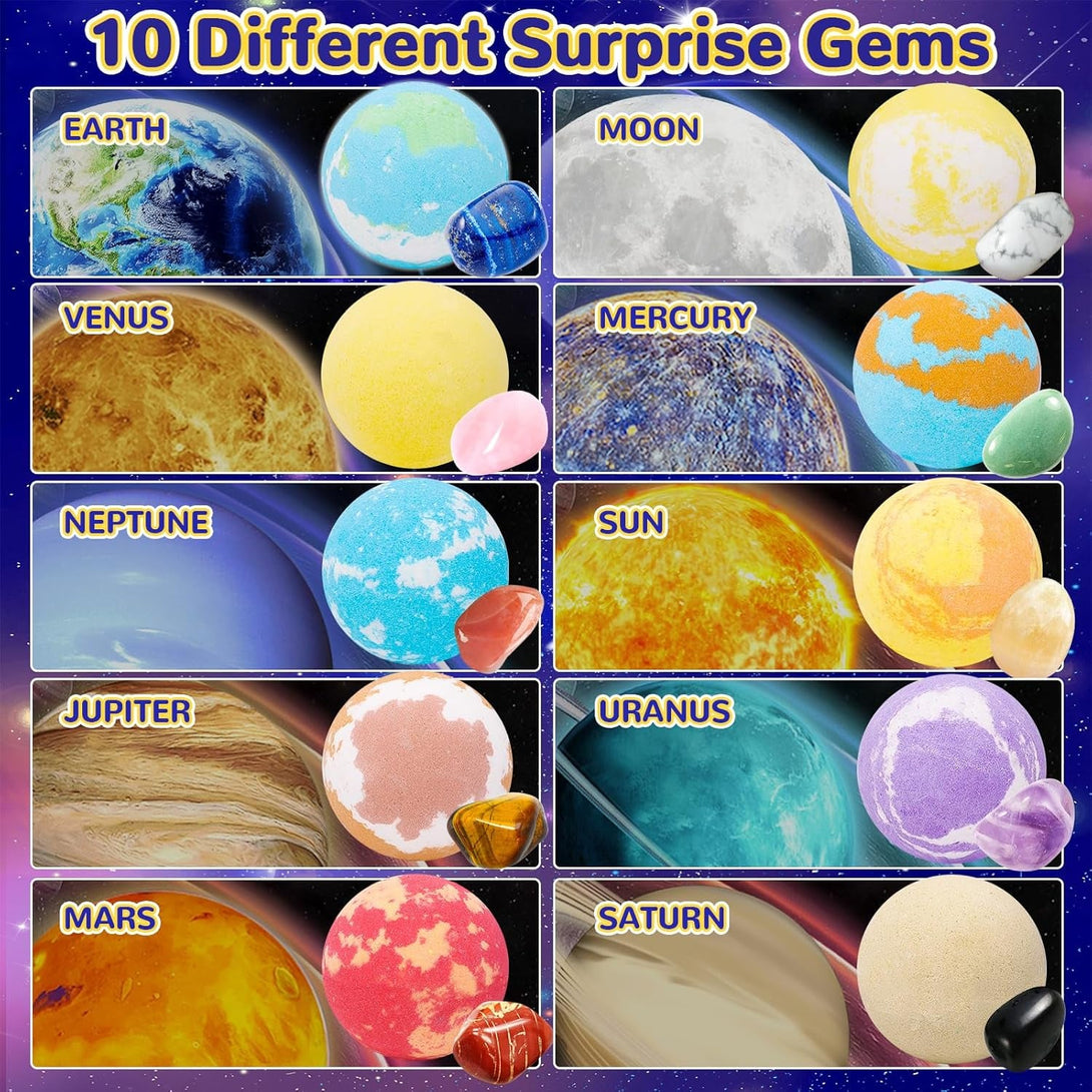 10 Pack Galaxy Bath Bombs for Kids with Surprise Toys inside Organic Bubble Bath Bombs with Solar System Gemstones Easter Christmas Birthday Gift for Kids Boys Girls