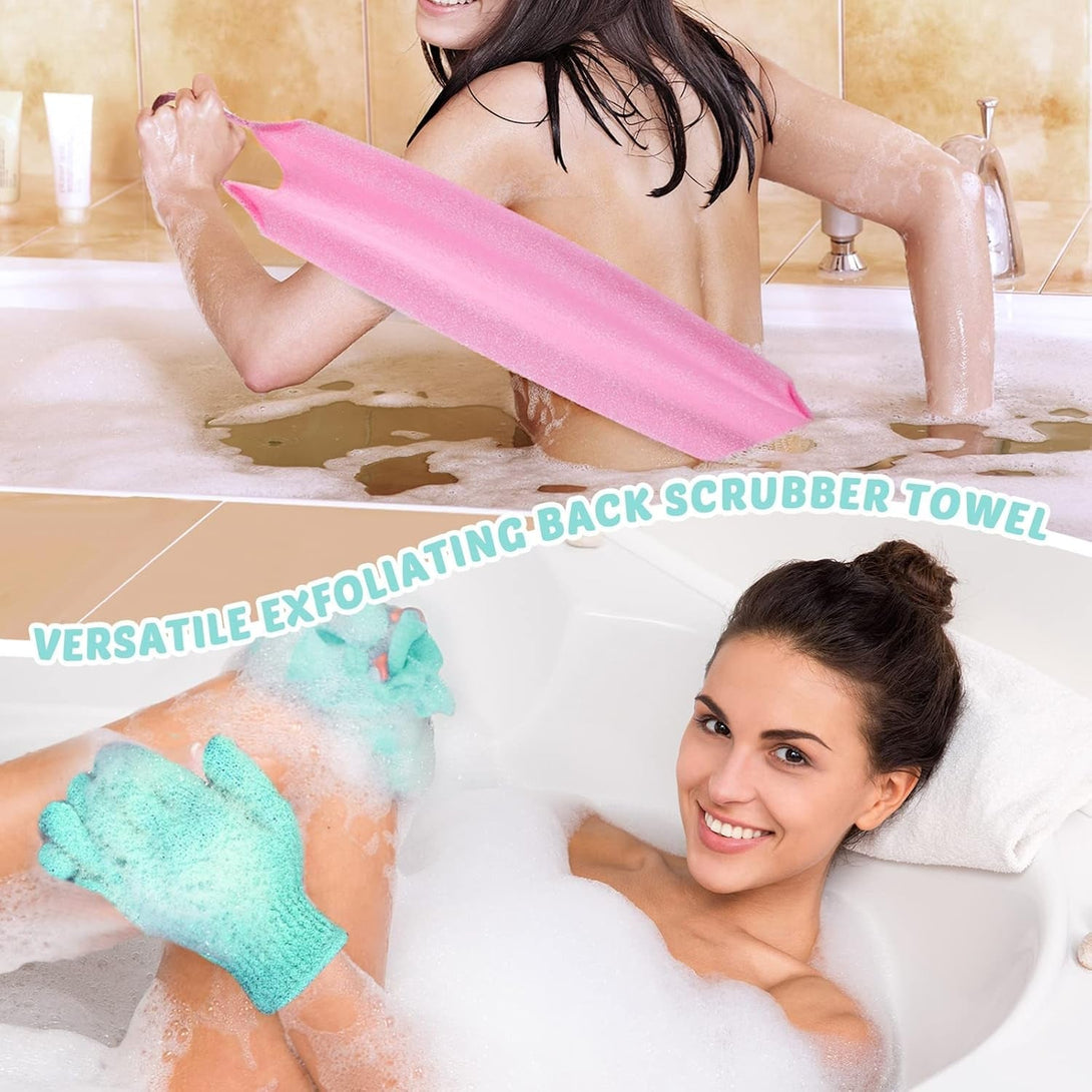 4 Pack Exfoliating Washcloth Back Scrubber Set, 2 Exfoliating Body Scrubber Nylon Back Body Scrub Towel, 2 Pairs Shower Gloves for Women Men Bath Shower Exfoliation(Pink, Light Blue, Green)
