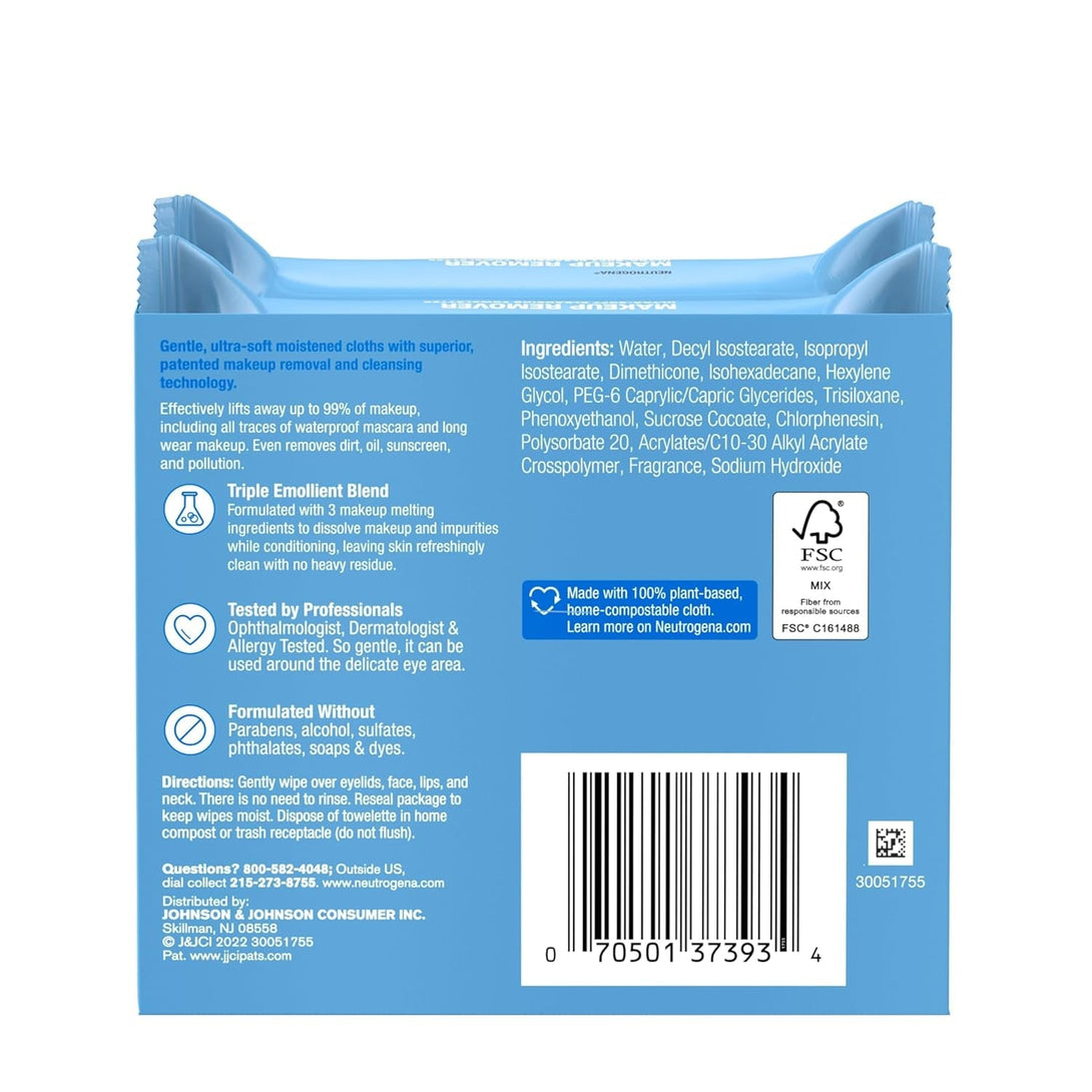 Neutrogena Makeup Remover Wipes, Daily Facial Cleanser Towelettes, Gently Cleanse and Remove Oil & Makeup, Alcohol-Free Makeup Wipes, 2 X 25 Ct