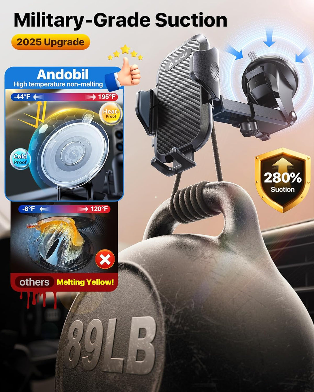 Andobil Car Phone Holder Mount (Strong Suction&Bumpy Road Stable) Phone Holders for Your Car, Cell Phone Car Mount for Windshield Dash Vent Truck Cradle Stand for Iphone 16 15 Pro Max 14 13 12 Samsung