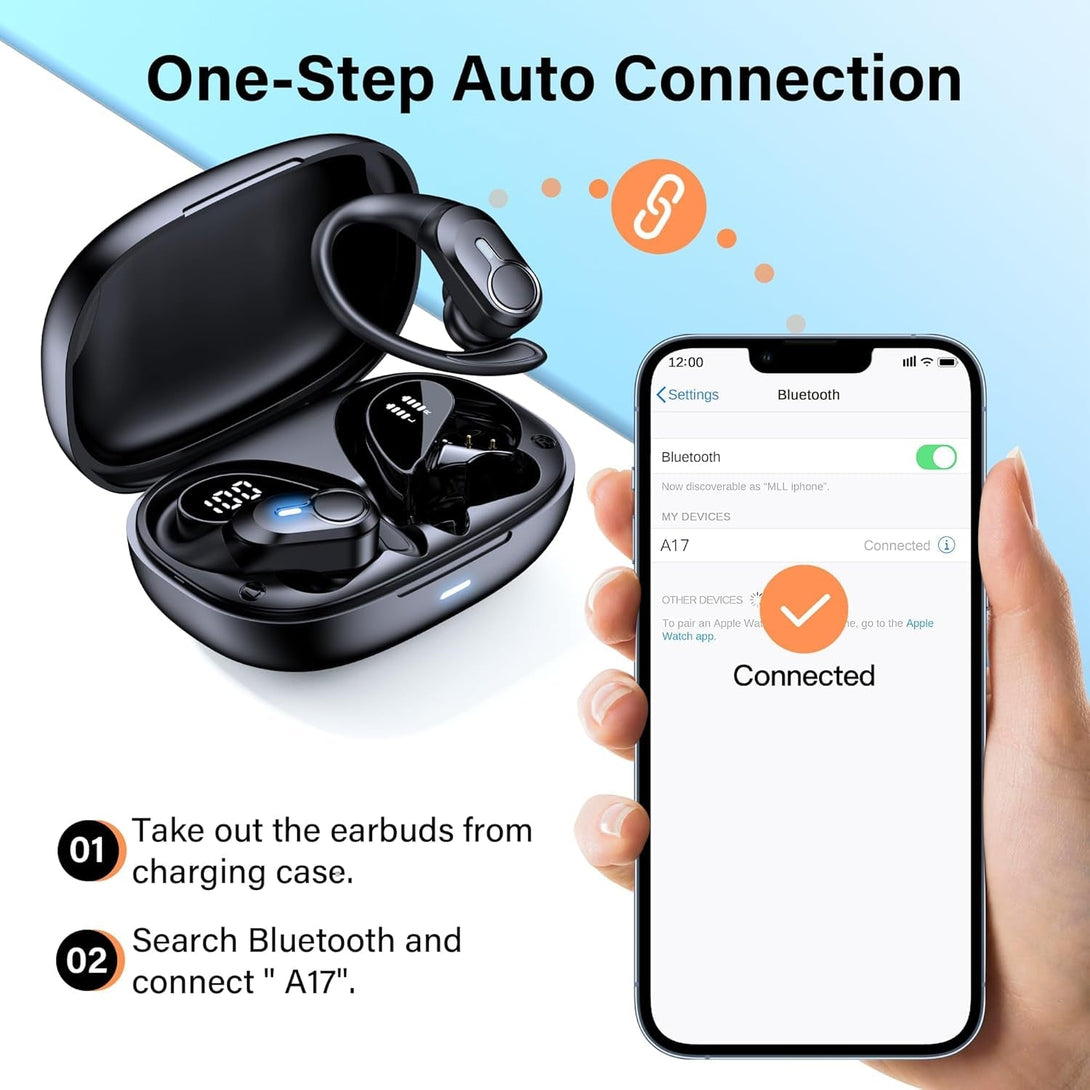 Wireless Earbuds Bluetooth Headphones 70Hrs Playback Ear Buds IPX7 Waterproof Wireless Charging Case & Dual Power Display Over-Ear Stereo Bass Earphones Earhooks for Sports/Workout/Running Black