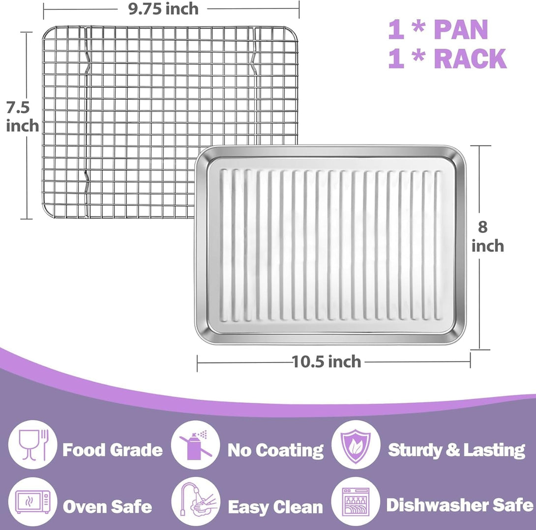 P&P CHEF Toaster Oven Pan with Wire Rack, Stainless Steel Baking Oven Sheet Tray, Bacon Pan and Cooling Rack for Cooking Roasting Cookie, Dishwasher Safe & Easy Clean, 10.5 X 8 X 1 Inch