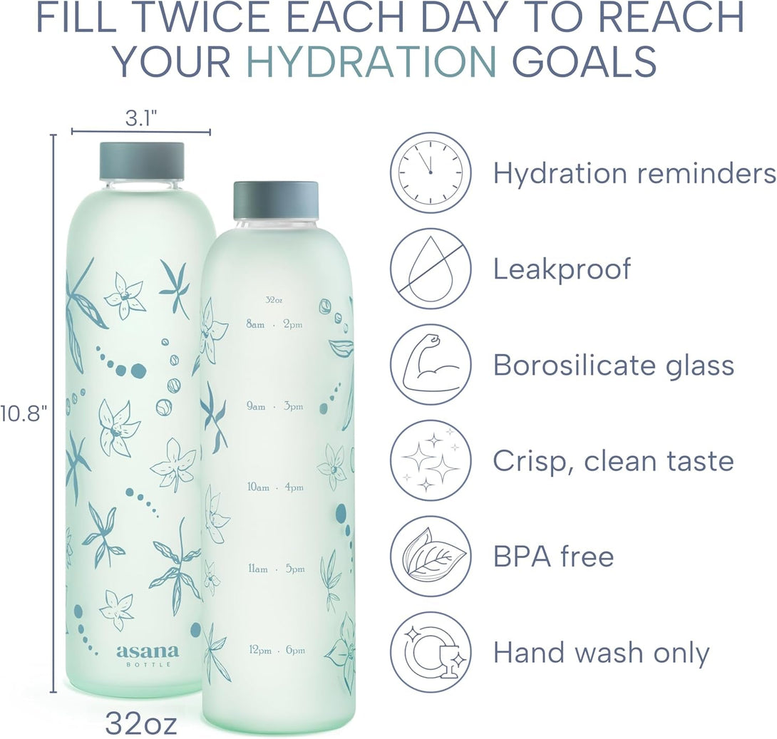 32 Oz Glass Water Bottle with Time Marker, BPA Free Borosilicate Glass, Premium Leakproof Reusable Water Bottle with Times to Drink (Sage Serenity)
