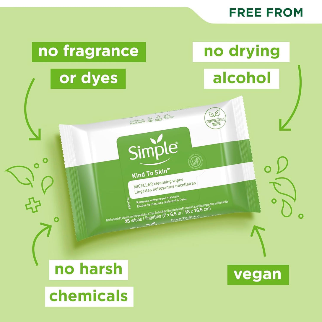 Simple Kind to Skin Cleansing Wipes Micellar Gentle and Effective Makeup Remover Free from Color and Dye, Artificial Perfume and Harsh Chemicals 25 Wipes