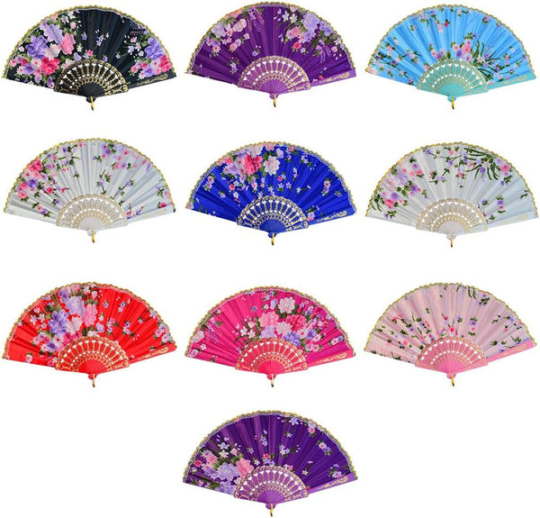 10Pcs Floral Folding Hand Fan Vintage Retro Silk Handheld Fans Lace Folding Fan Wedding Dancing Church Party (Random Color)