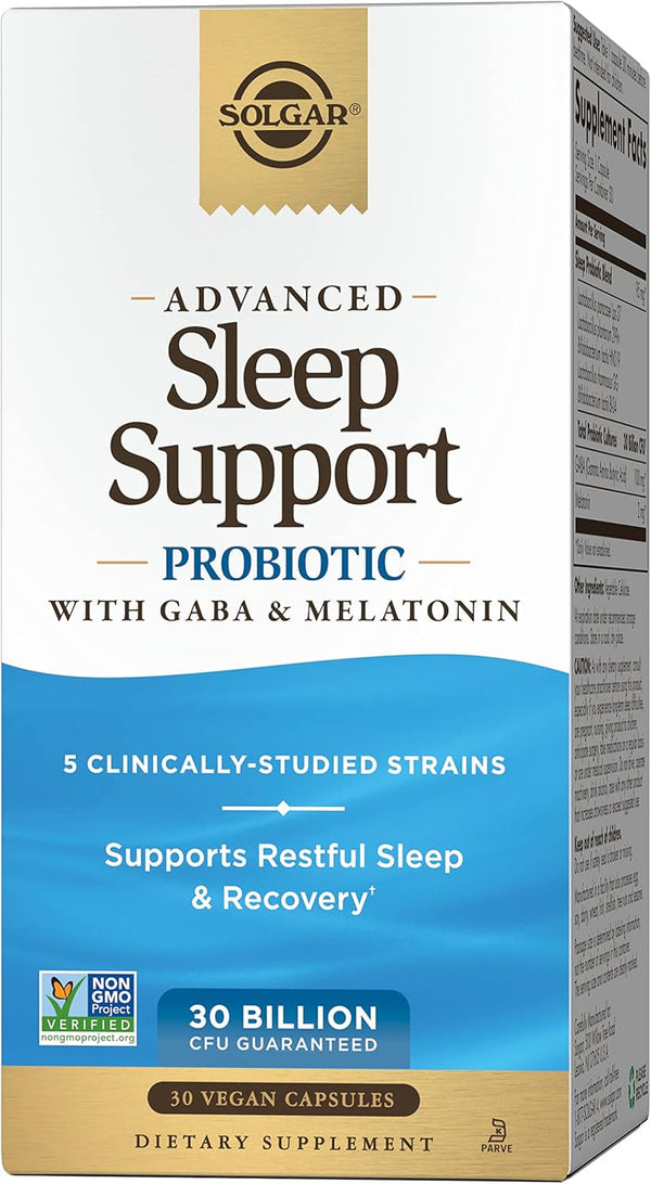 Solgar Advanced Sleep Support Probiotic with GABA & Melatonin, 30 Vegan Capsules - 30 Billion CFU - 5 Clinically-Studied Strains - Support for Restful Sleep & Recovery - Non-Gmo & Vegan, 30 Servings