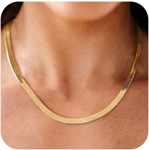 CHESKY Gold Necklace for Women-14K Plated Sterling Silver Snake Chain Necklace Dainty Simple Chunky Herringbone Necklace Choker Necklaces Jewelry for Women