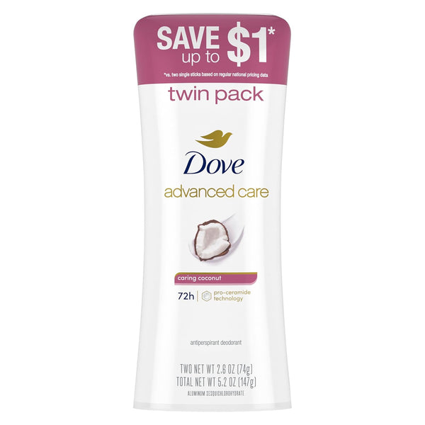Dove Advanced Care Antiperspirant Caring Coconut, 2 Count Deodorant Stick for Women, for 48 Hour Protection and Soft and Comfortable Underarms, 2.6 Oz