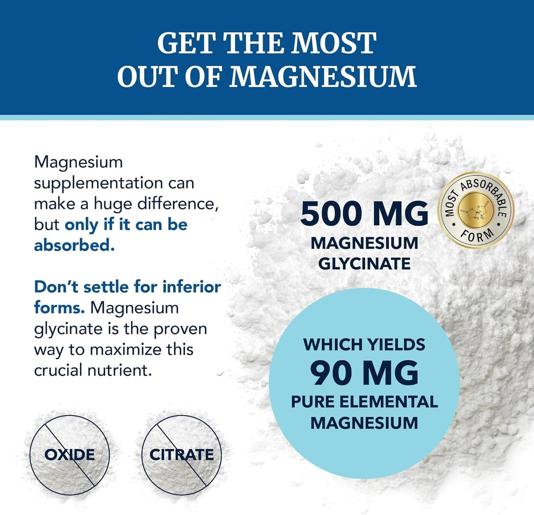 Magnesium Glycinate 500Mg | High Absorption | Chelated for Muscle Relaxation, Bones, Heart, Nerve, Sleep & Calm Support for Women & Men | Magnesium Chelate Supplement & Bisglycinate Complex | 120Ct