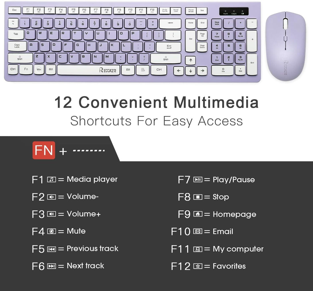 Wireless Keyboard and Mouse Combo, Full-Sized Wireless Keyboard and Adjustable DPI Mouse, 2.4Ghz USB Receiver, Wireless Keyboard and Mouse for PC, Windows, Desktop, Laptop (Purple)