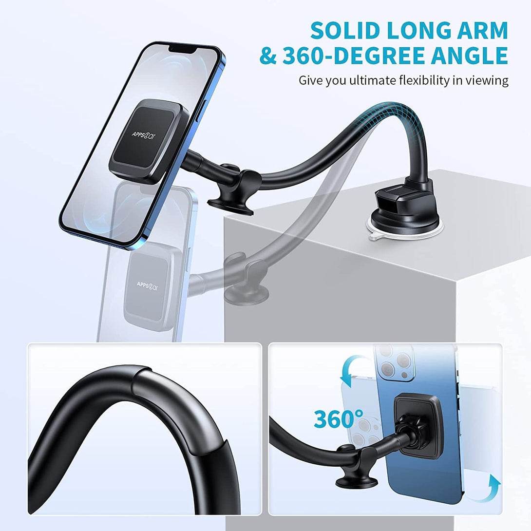Apps2Car Magnetic Phone Holder Mount with 13-Inch Flexible Long Arm & 6 Strong Magnets, Anti-Shake Holder for Truck Windshield Dashboard, Suction Car Mount for All Phones