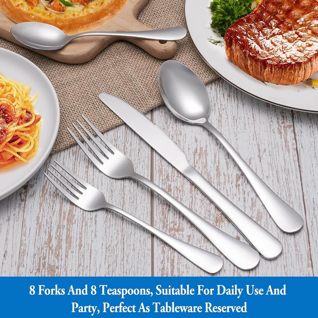 16 Pcs Forks and Spoons Silverware Set,Food Grade Stainless Steel Flatware Cutlery Set for Home,Kitchen and Restaurant,Mirror Polished,Dishwasher Safe - 8 Dinner Fork(8 Inch) and 8 Teaspoon(6.5 Inch)