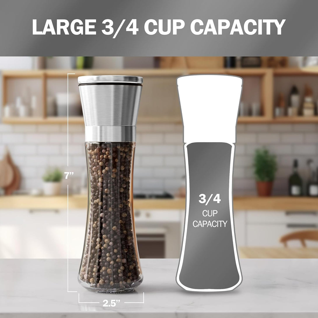 Home EC Premium Stainless Steel Sea Salt and Pepper Grinder Set of 2 - Adjustable Ceramic - Tall Glass Salt and Pepper Shakers - Kitchen Spice Mill W/Funnel & Ebook