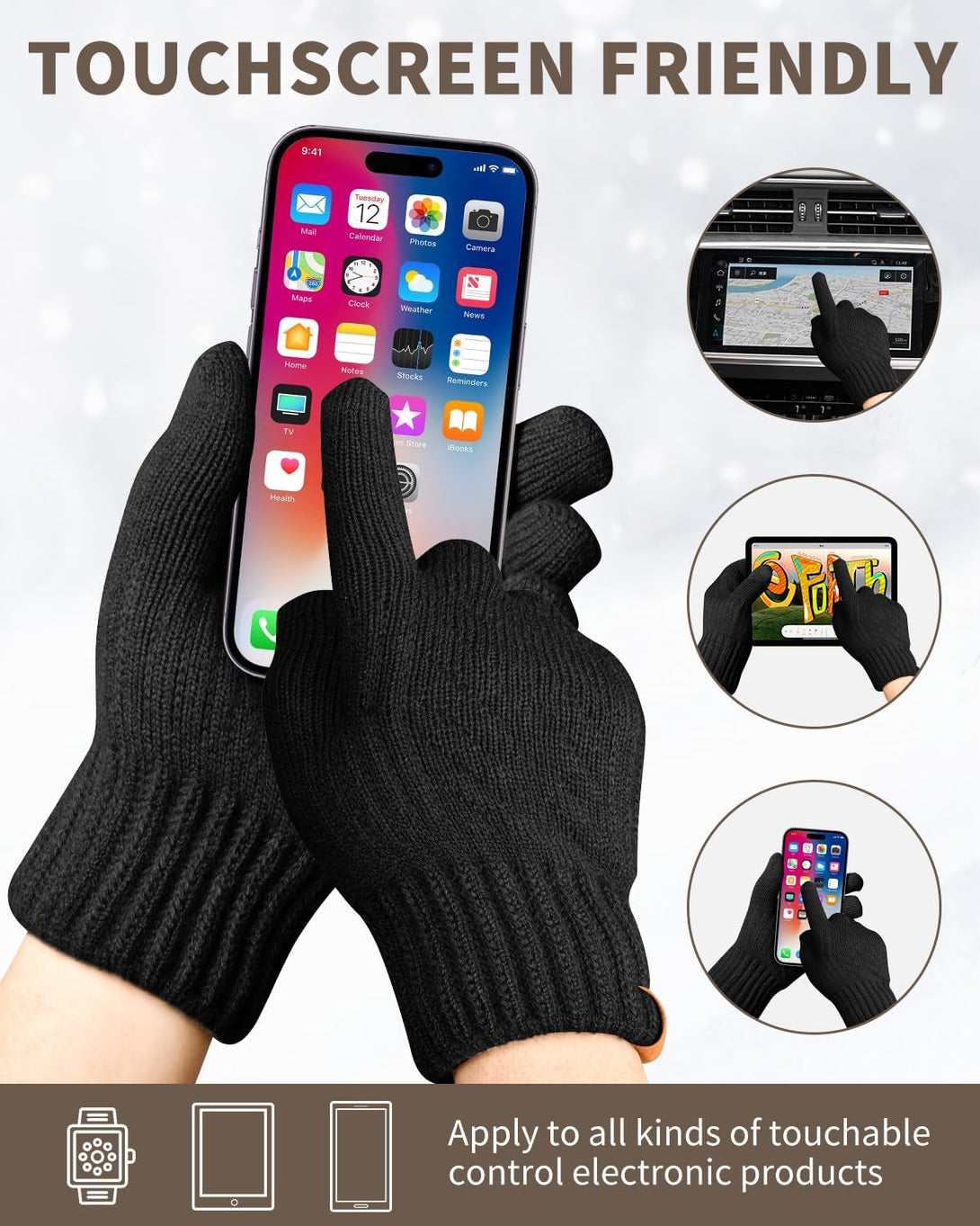 Thermal Winter Gloves-Fleece Lining Touch Screen Knit Stretchy Warm Gloves for Running Cycling Riding- Men Women
