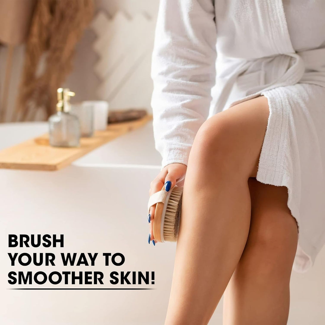 Dry Body Brush 2 Pack – Natural Boar Bristle Exfoliating Brush for Lymphatic Drainage, Cellulite, Dry Skin – Wooden Spa Scrub Brush with Strap for Bath, Shower & Self-Care