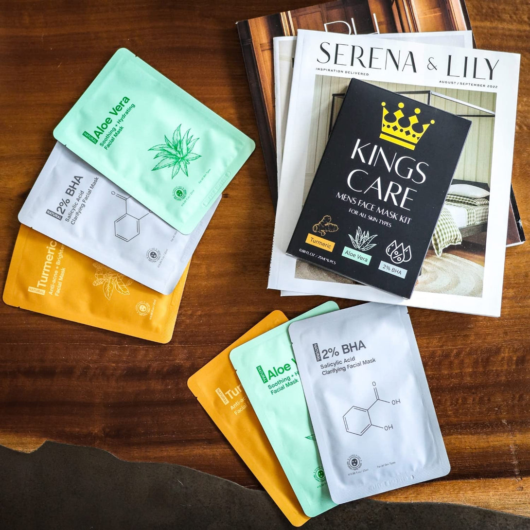 Mens Face Mask Skin Care Kit (6 Pack) - Turmeric Anti-Acne, Aloe Vera Soothing & 2% BHA Salicylic Acid Sheet Mask - Skin Care for Men Face Masks for Hydrating, Brightening & Refining Pores