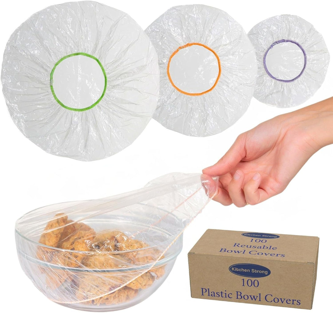 100 Reusable Food Covers - Plastic Bowl Covers Elastic Reusable - Food Cover, Bowl Covers, Reusable Bowl Covers for Bread Proofing, Plate Covers for Food - Stretchable Wraps in 3 Size
