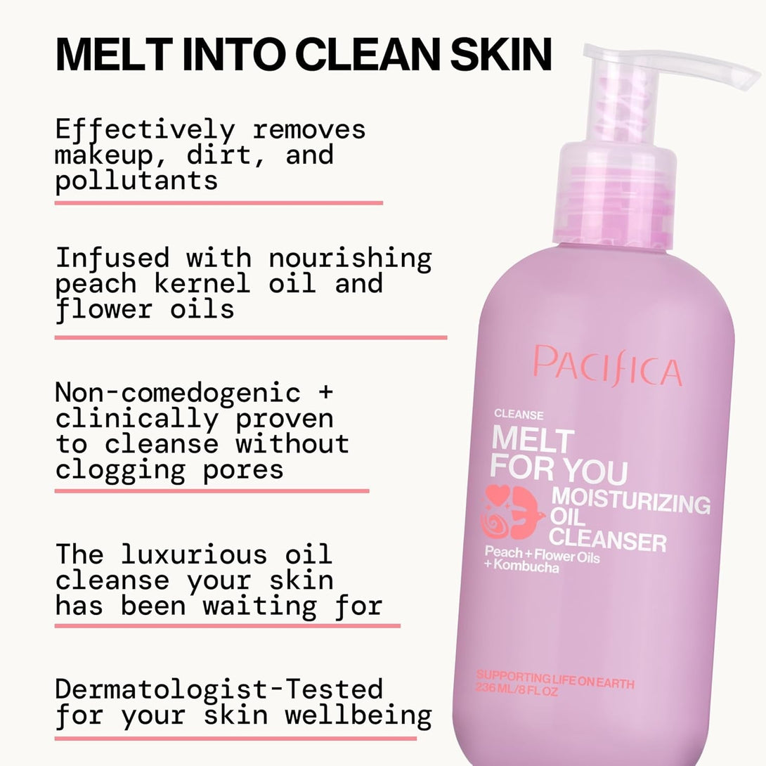Pacifica Melt for You Facial Cleansing Oil – Hydrating Daily Face Wash & Makeup Remover Oil Cleanser for All Skin Types, Gentle Non-Comedogenic, Vegan, Clean Beauty, Dermatologist Tested 8 Fl Oz