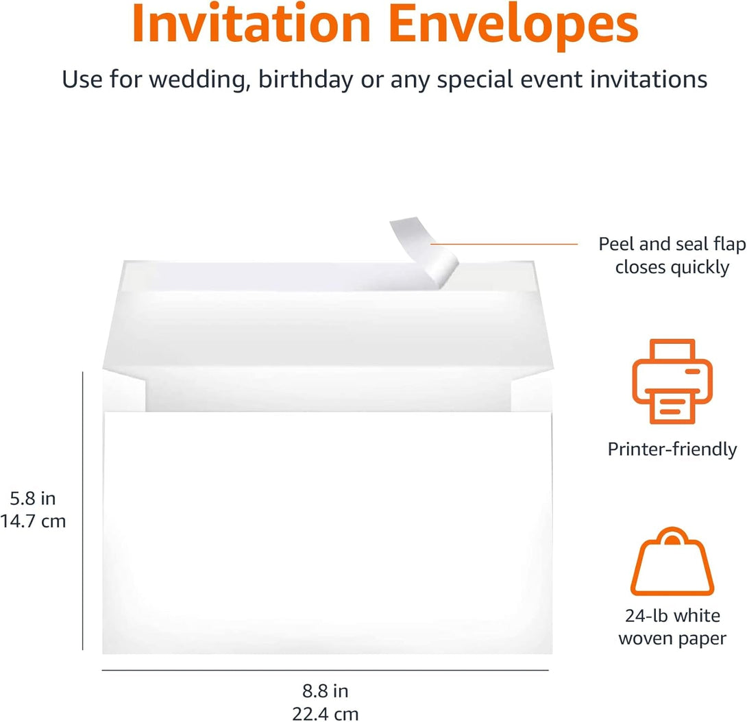 Amazon Basics A9 Blank Invitation Envelopes with Peel and Seal Closure, 5-3/4 X 8-3/4 Inches, White - Pack of 100