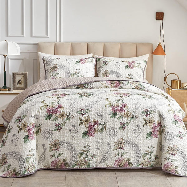 3 Pieces Quilt Set Full/Queen Size, Beige Floral Reversible Bedspread Coverlet Set, Soft Microfiber Lightweight Bed Cover for All Season (90" X 90", 1 Quilt+ 2 Pillow Shams)
